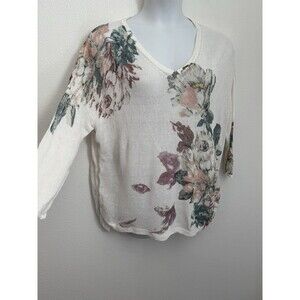 J Jill Sweater Womens L Linen Blend Floral Open Weave V Neck Tunic 3/4 Sleeve
